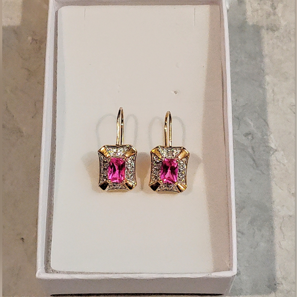 14K GOLD VERMILE 1ct NATURAL PINK EMERALD CUT SAPPHIRE EARRINGS LATCH BACK